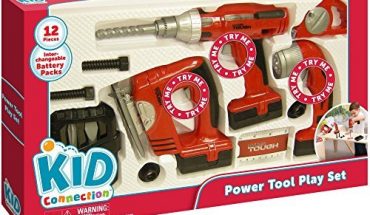 Power Tool Play Set of 12 Pieces: Electric Drill, Jig Saw, Flashlight, Drill Bit Case, Flathead Bit, Phillips Bit, 2 Screws, 2 Nuts, Tape Measure, Measurement Card by Kid Connection 51iPzKtPFHL 370x215