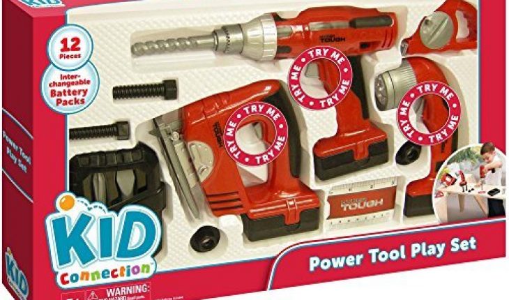 Power Tool Play Set of 12 Pieces: Electric Drill, Jig Saw, Flashlight, Drill Bit Case, Flathead Bit, Phillips Bit, 2 Screws, 2 Nuts, Tape Measure, Measurement Card by Kid Connection 51iPzKtPFHL 730x430