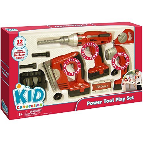 Power Tool Play Set of 12 Pieces: Electric Drill, Jig Saw, Flashlight, Drill Bit Case, Flathead Bit, Phillips Bit, 2 Screws, 2 Nuts, Tape Measure, Measurement Card by Kid Connection  Power Tool Play Set of 12 Pieces: Electric Drill, Jig Saw, Flashlight, Drill Bit Case, Flathead Bit, Phillips Bit, 2 Screws, 2 Nuts, Tape Measure, Measurement Card by Kid Connection 51iPzKtPFHL